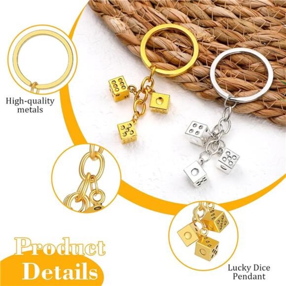 2 Pcs Metal Dice Keychain, Alloy Dice Bag Charm with Black Dots Vintage Style - Picture 6 of 8